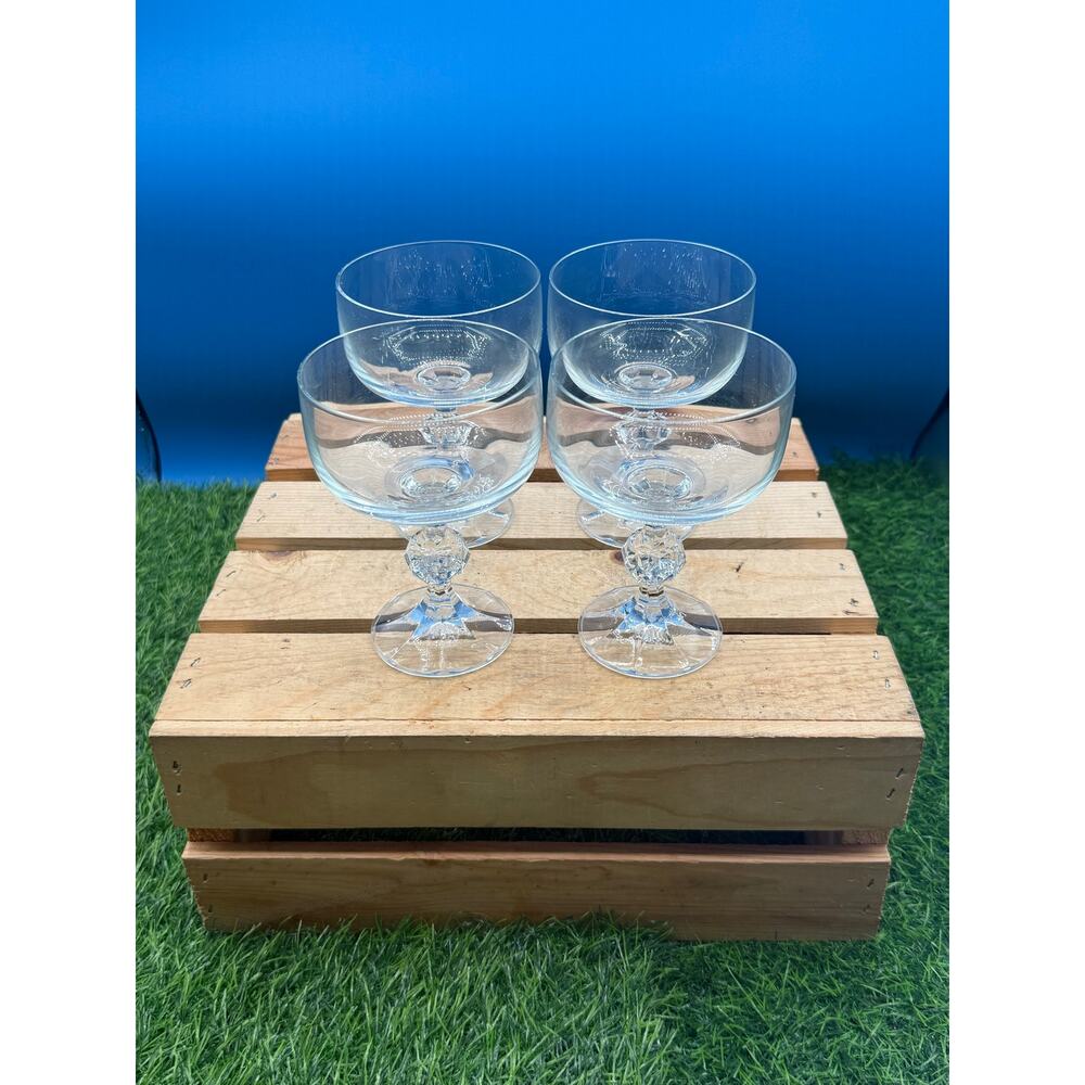 Vintage Crystal Champagne Coupe Glasses – Prism Cut Stem – Set of 4 - 5” Tall